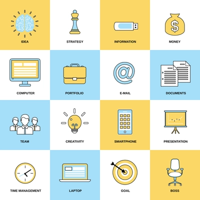 Business icons flat line set of idea strategy information isolated vector illustration