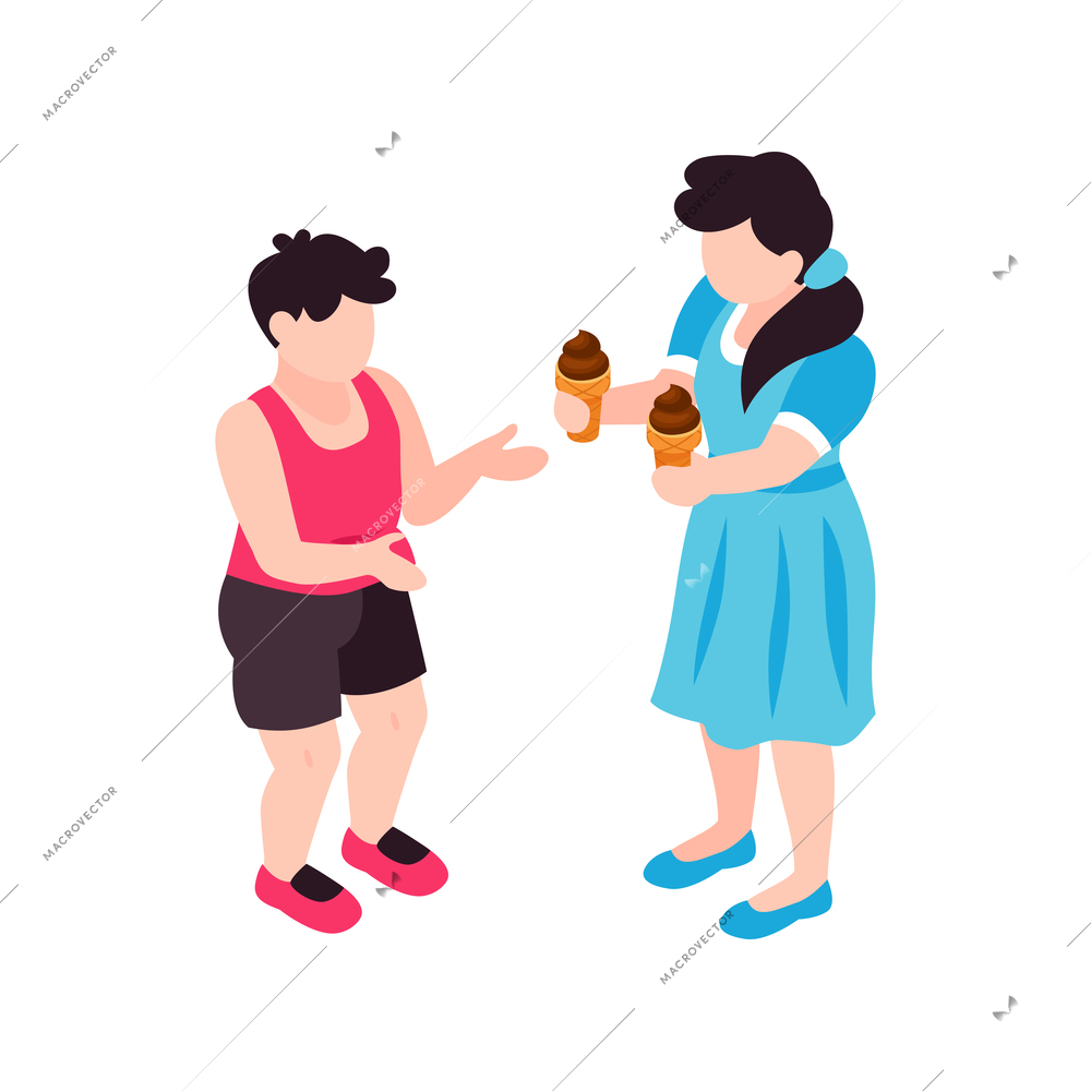 Isometric ice cream composition with pair of kids holding icecream vector illustration