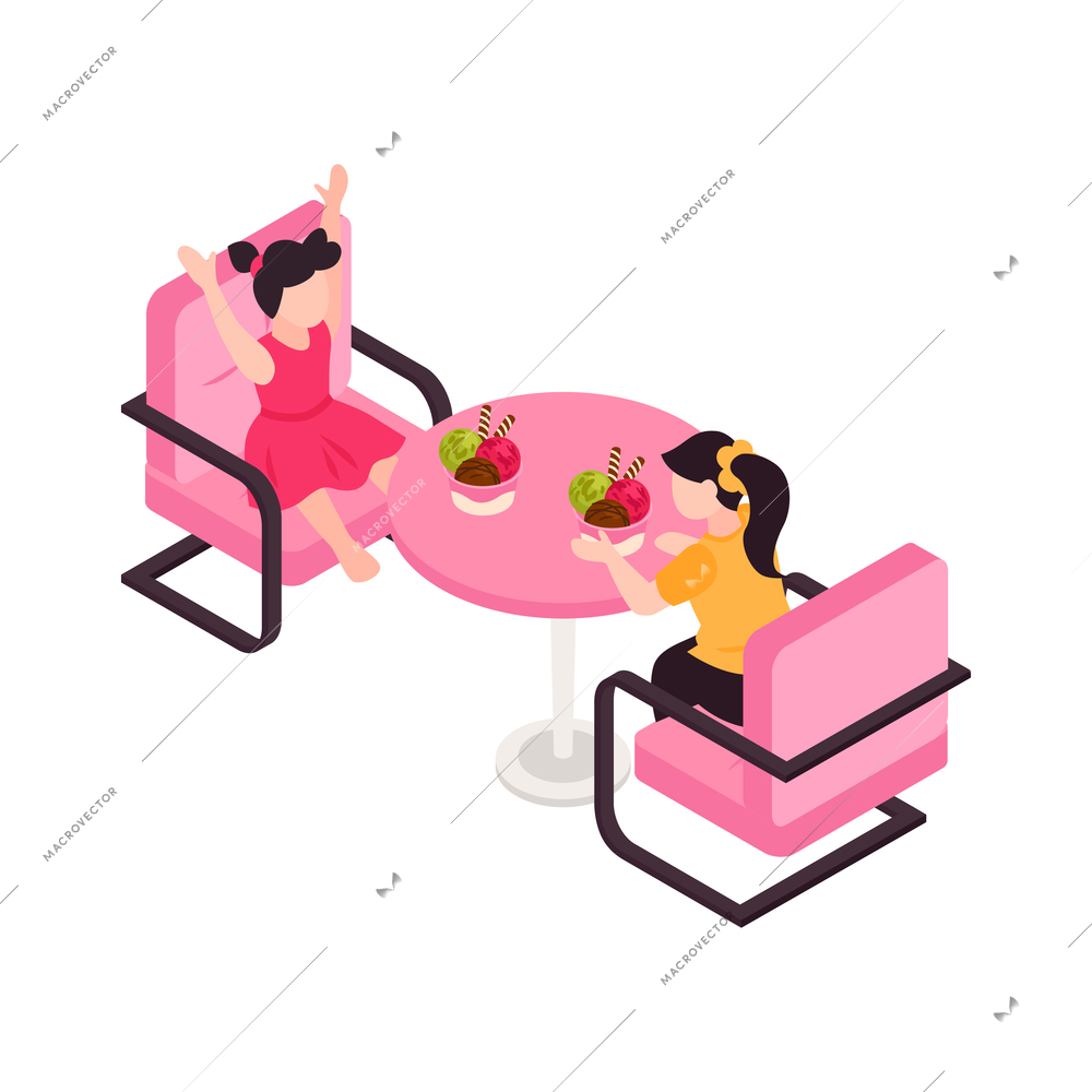 Isometric ice cream cafe composition with little girls sitting in chairs eating icecream vector illustration