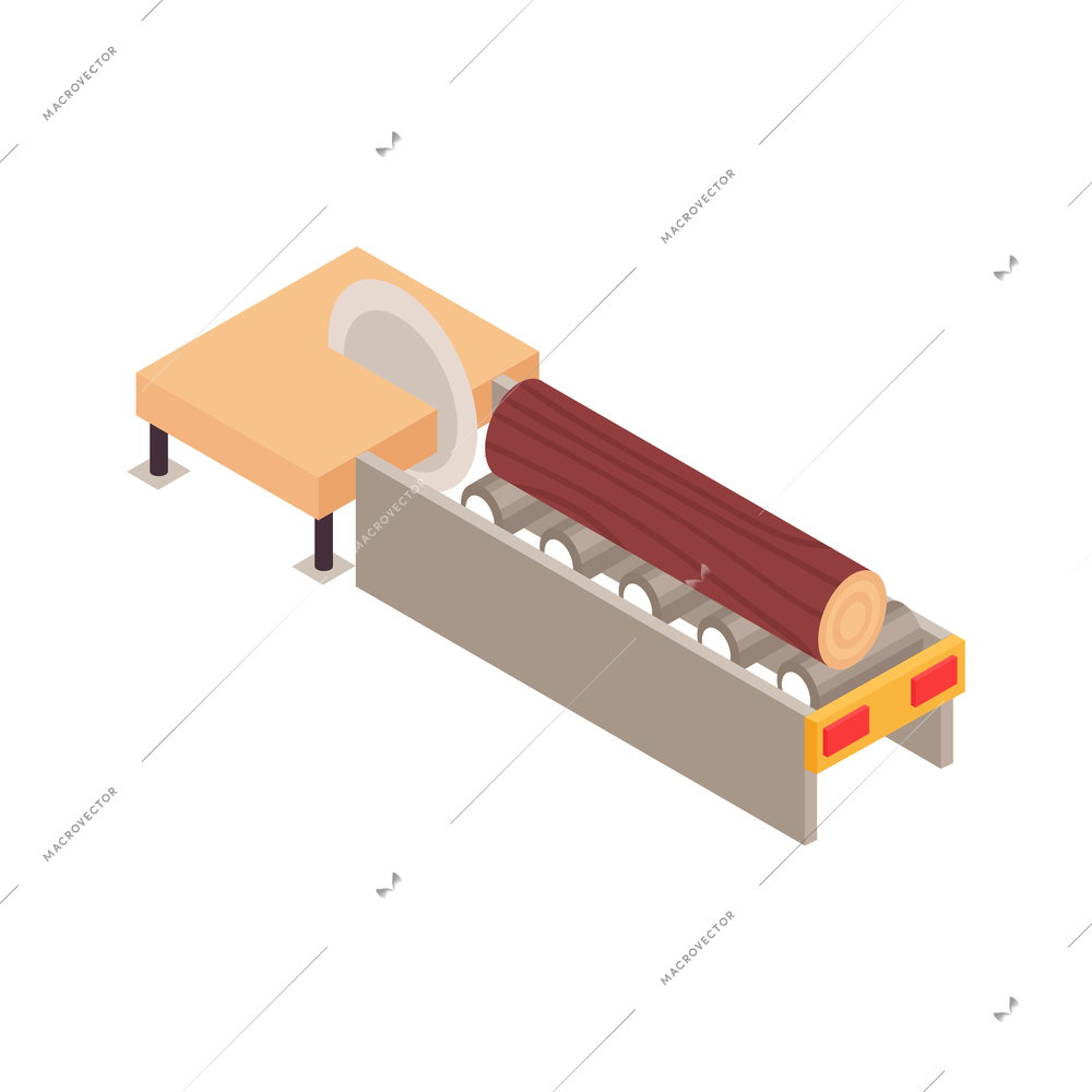 Isometric wooden furniture production process composition with view of conveyor with timber and saw vector illustration