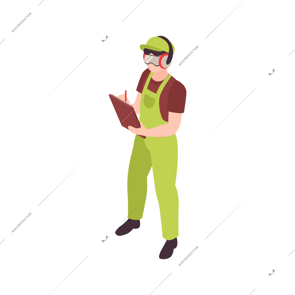 Isometric wooden furniture production process composition with isolated human character of sawmill worker vector illustration