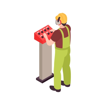 Isometric wooden furniture production process composition with sawmill worker at control desk vector illustration