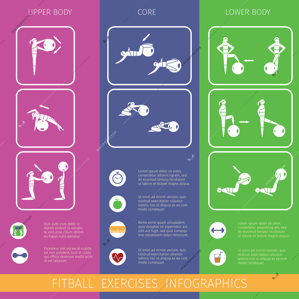 Fitness ball healthy activity workout equipment infographic set vector illustration