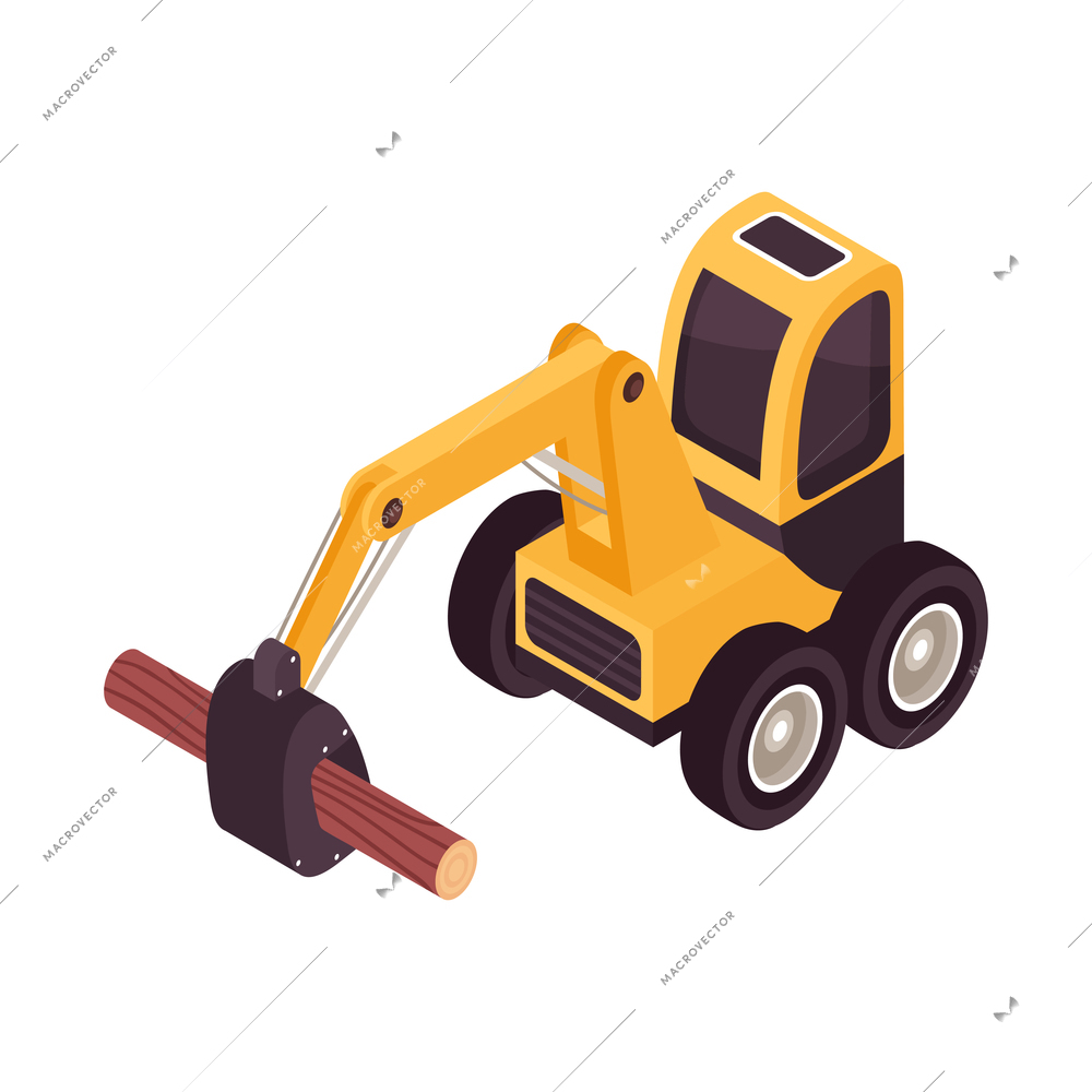 Isometric wooden furniture production process composition with excavating machine and tree trunk vector illustration