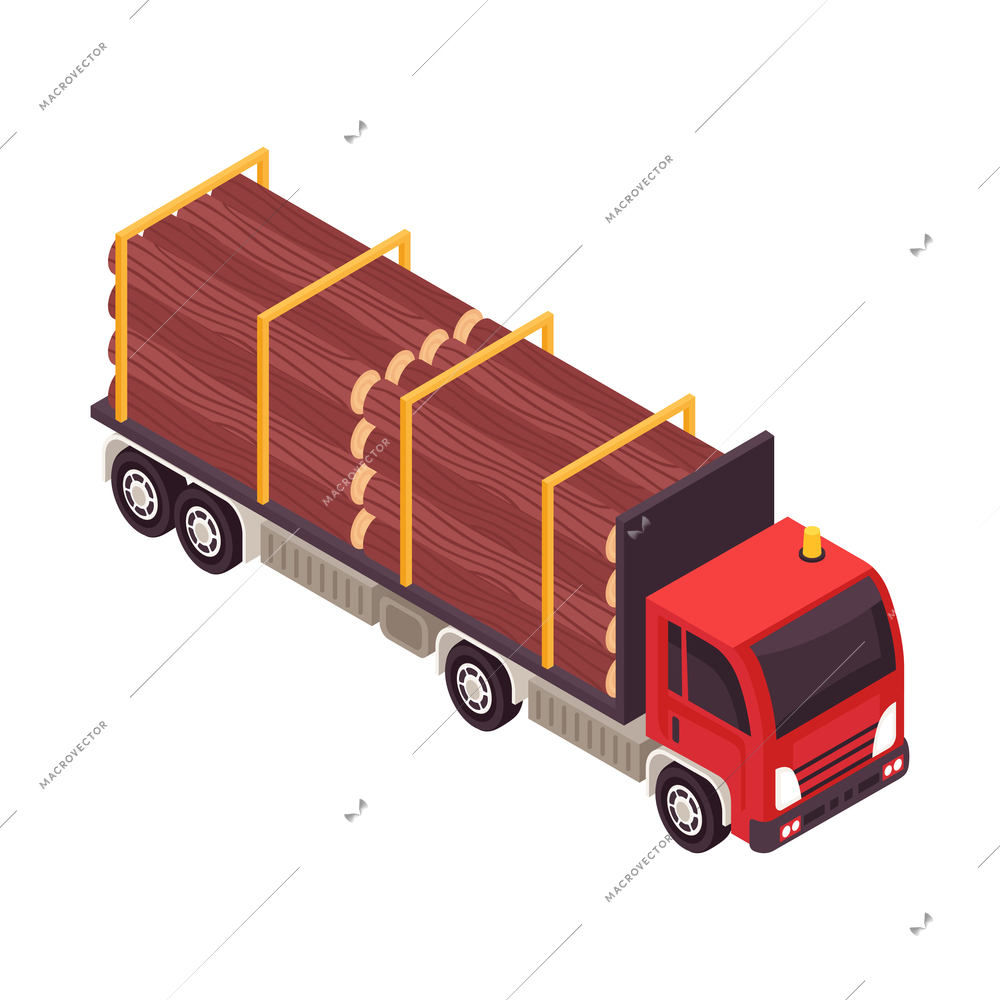 Isometric wooden furniture production process composition with image of truck with timber trunks vector illustration