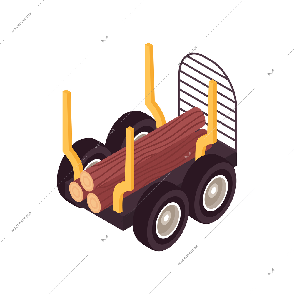 Isometric wooden furniture production process composition with lorry truck loaded with timber vector illustration