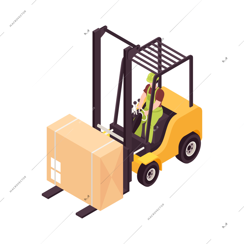 Isometric wooden furniture production process composition with image of forklift carrying box vector illustration