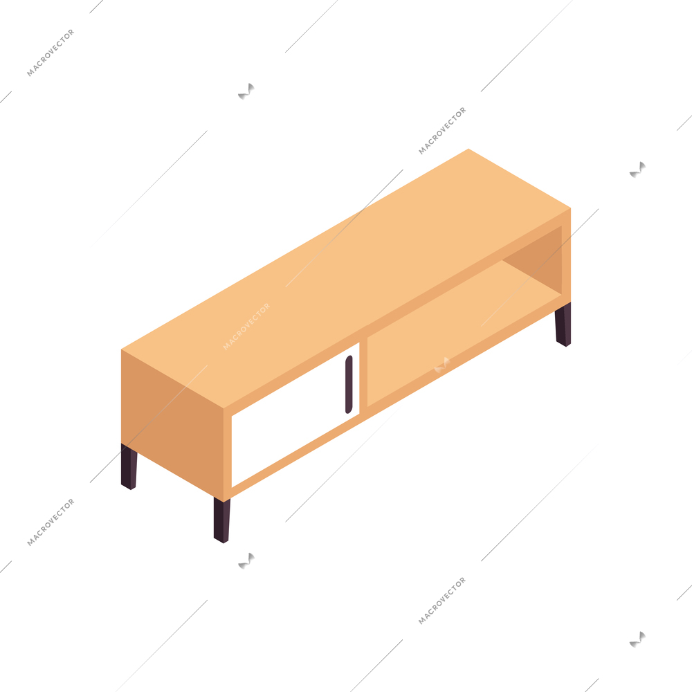 Isometric wooden furniture composition with wide cabinet stand on blank background vector illustration