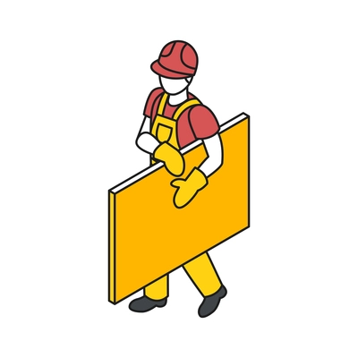 Isometric building engineering outline composition with human character of worker with plank vector illustration