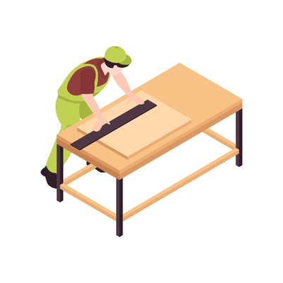 Isometric building engineering outline composition with worker measuring sawn timber plank vector illustration
