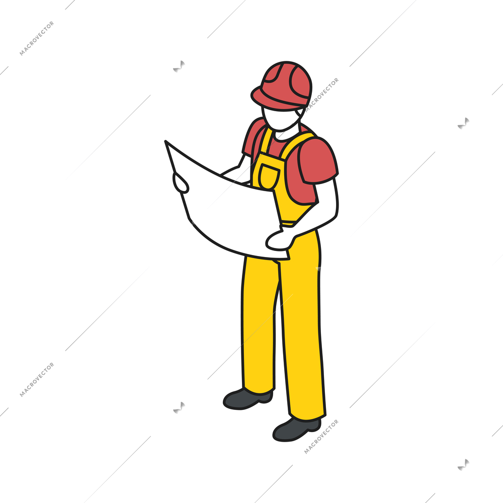 Isometric building engineering outline composition with character of builder engineer with paper plan vector illustration