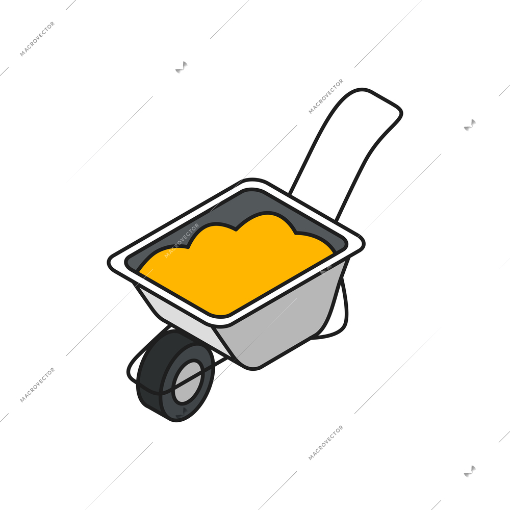 Isometric building engineering outline composition with image of hand truck with single wheel vector illustration