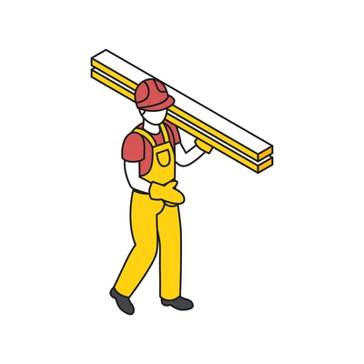 Isometric building engineering outline composition with character of builder carrying timber plank vector illustration