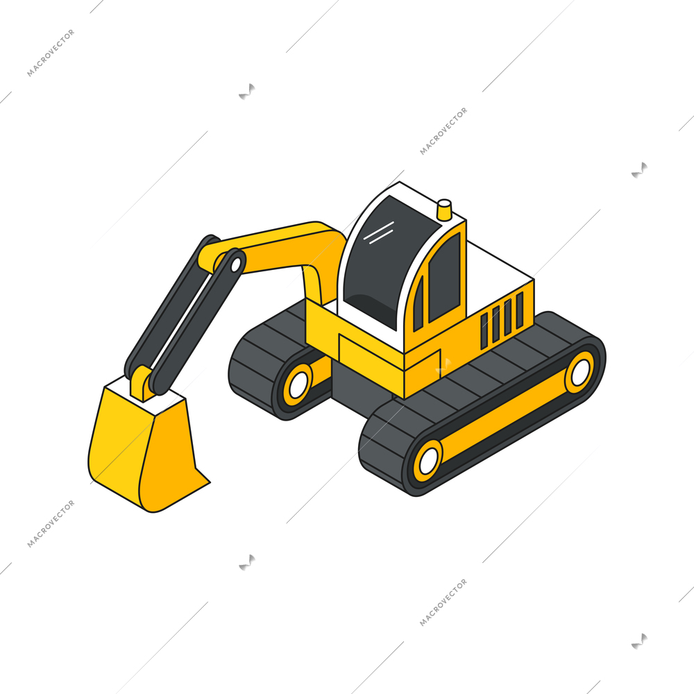 Isometric building engineering outline composition with excavating machinery vector illustration