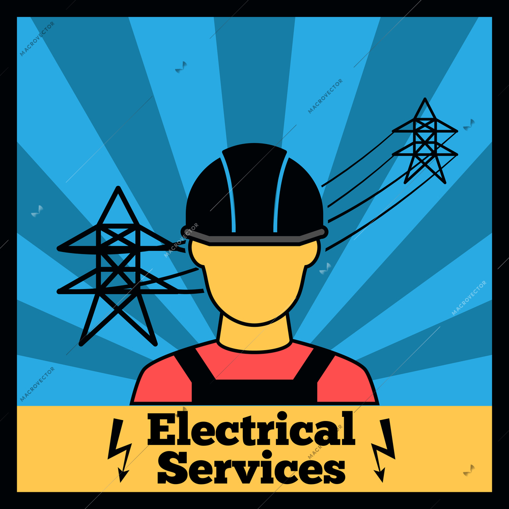 Electricity icon poster with electrician silhouette and power line vector illustration