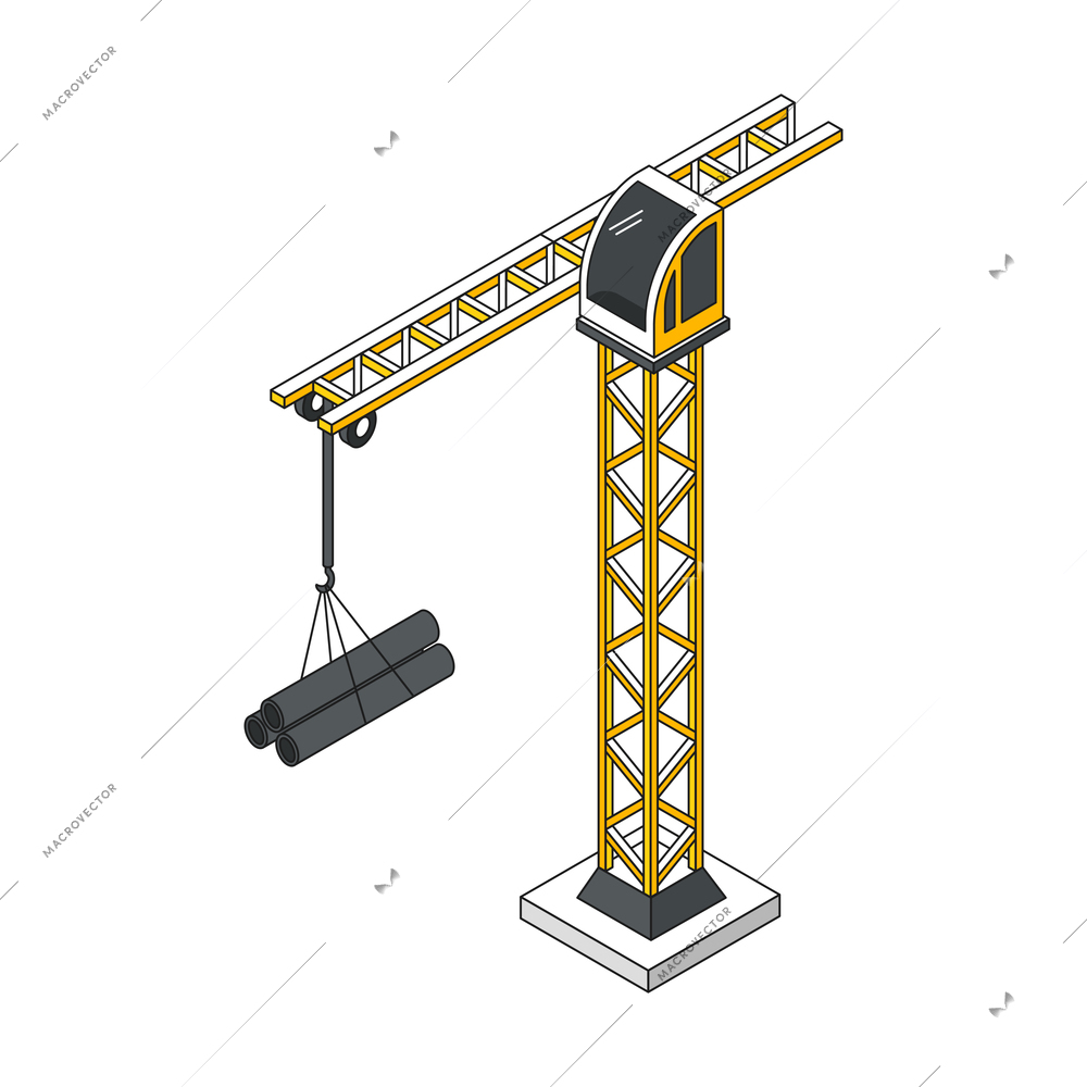 Isometric building engineering outline composition with isolated image of pillar crane vector illustration
