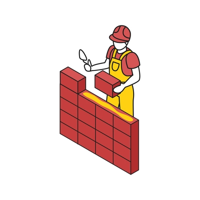 Isometric building engineering outline composition with character of builder with brick wall vector illustration