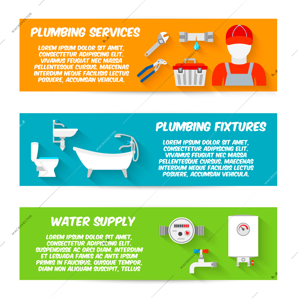 Plumbing service fixtures water supply icons horizontal banners set isolated vector illustration