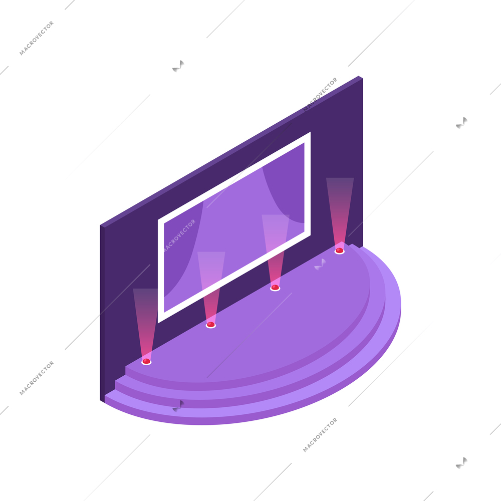 Isometric conference hall stage presentation composition with purple ceremony stage with lighting vector illustration