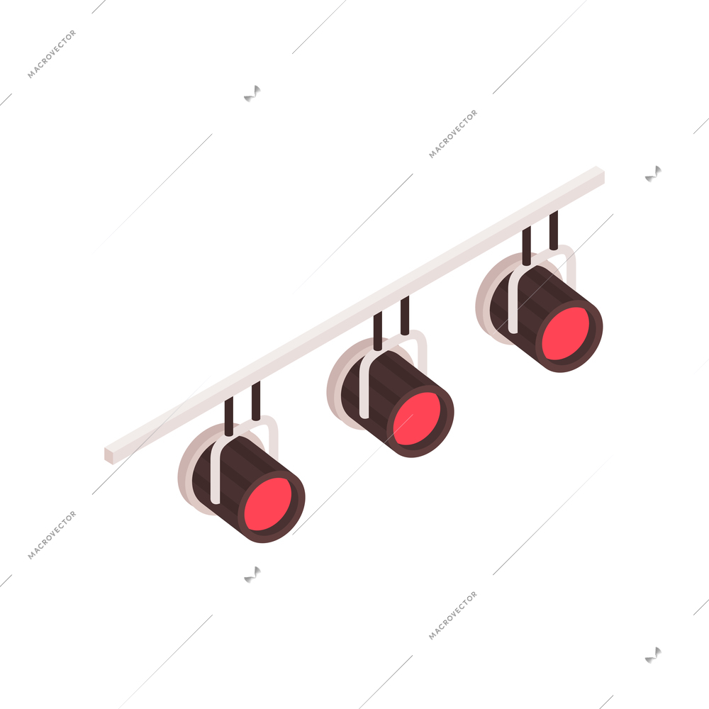 Isometric stage composition with three colorful light guns hanging on rail vector illustration