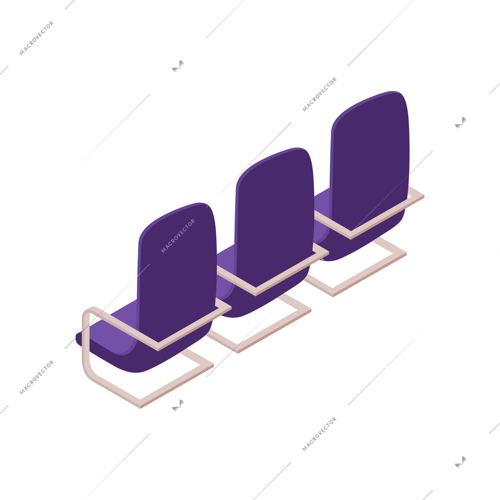 Isometric conference hall presentation composition with row of purple seats for participants vector illustration