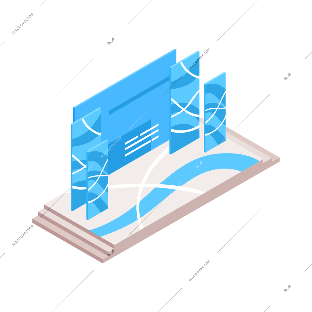 Isometric conference hall stage presentation composition with view of podium with stairs and banners vector illustration