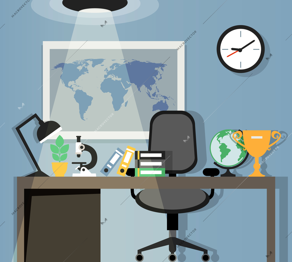 Office workplace with table chair lamp and world map on background flat design vector illustration