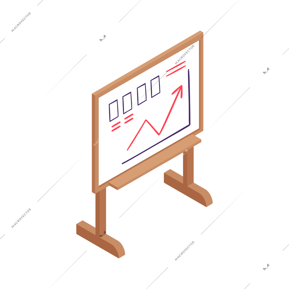 Isometric conference presentation composition with wooden easel with diagrams on blank background vector illustration