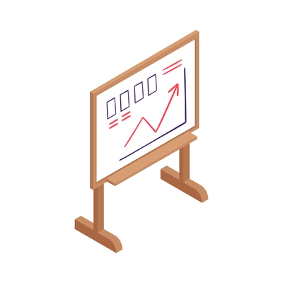 Isometric conference presentation composition with wooden easel with diagrams on blank background vector illustration