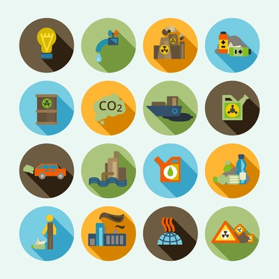 Automobile emission and oil refinery waste thermal diffuse air pollution solid shadow icons set isolated vector illustration