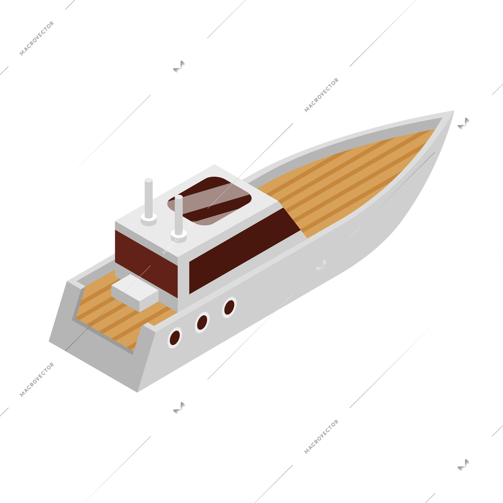 Isometric yacht club composition with small modern cruiser yacht on blank background vector illustration