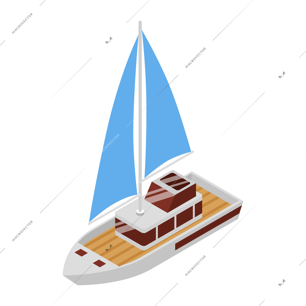 Isometric yacht club composition with isolated image of yacht with sail vector illustration