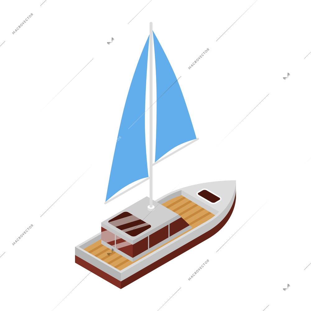 Isometric yacht club composition with view of little boat with sail vector illustration