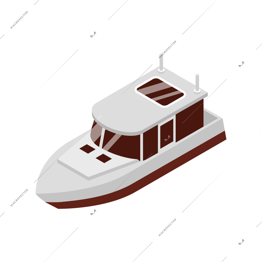 Isometric yacht club composition with small cruiser boat isolated image vector illustration