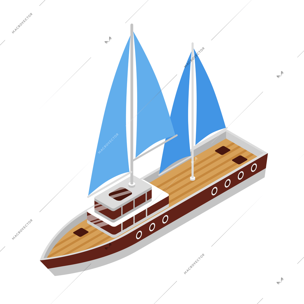 Isometric yacht club composition with image of boat with pair of sails vector illustration