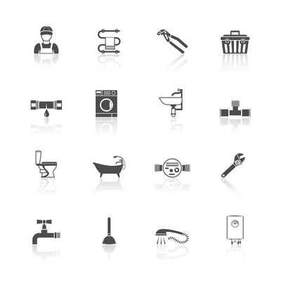 Home facilities water  pipe sections assembly and leakage fixing plumber kit icons set black isolated vector illustration