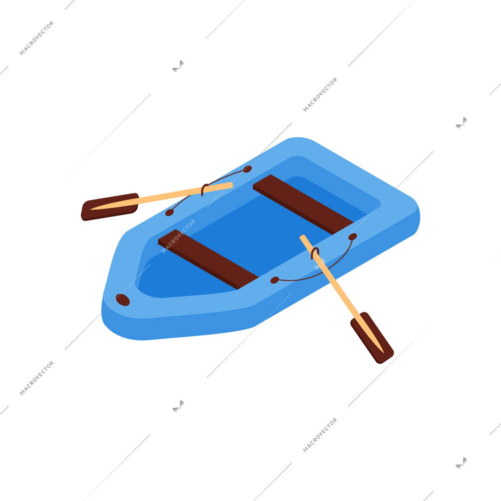 Isometric yacht club composition with isolated image of inflatable boat with sculls vector illustration