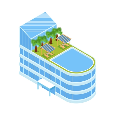 Isometric yacht club composition with view of boat shaped building with roof chill zone vector illustration