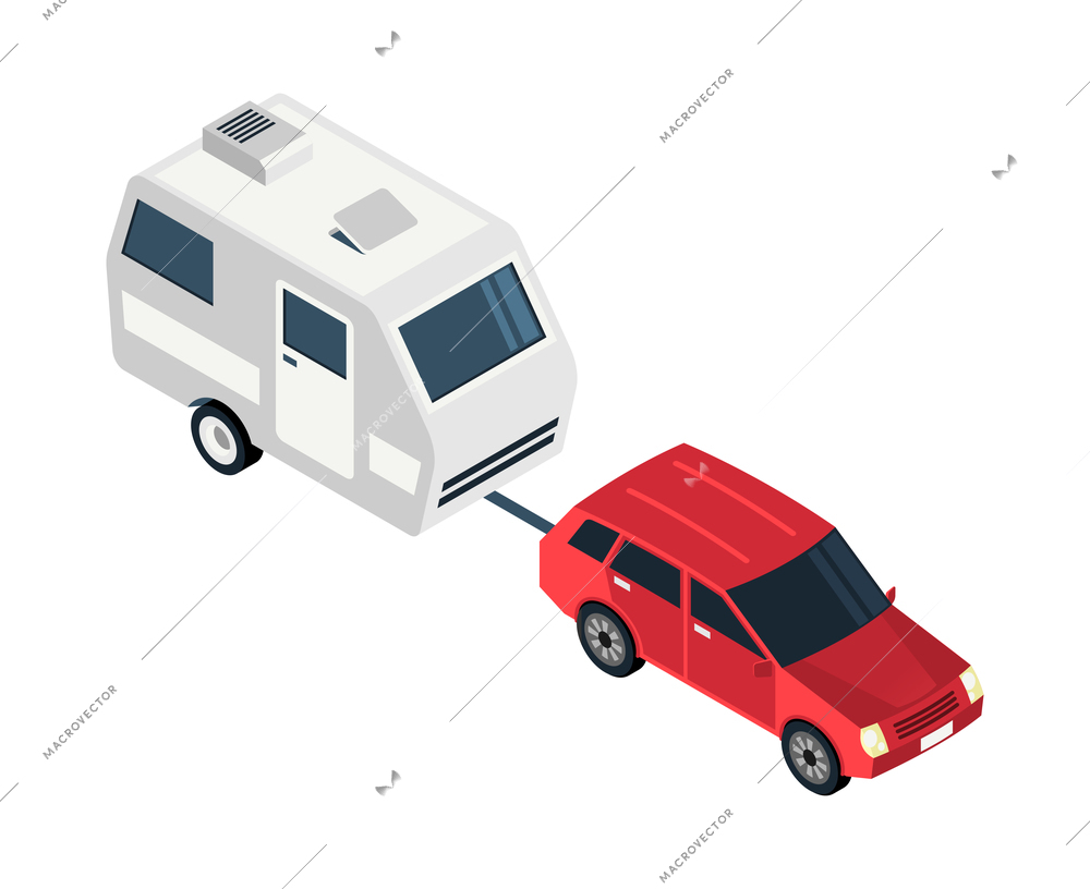 Isometric trip composition with images of car and trailer for camping on blank background vector illustration