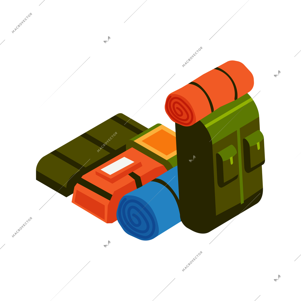 Isometric trip composition with set of backpacks with mats on blank background vector illustration