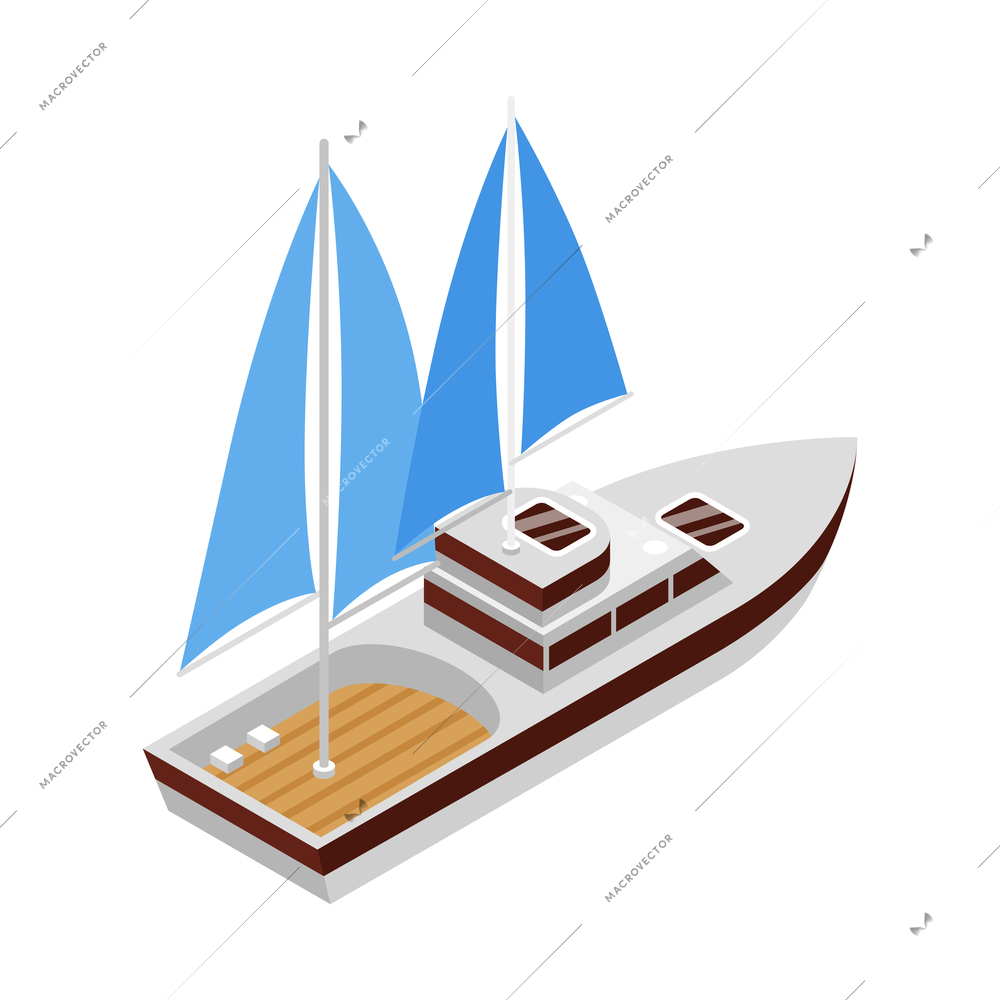 Isometric yacht boat composition with isolated image of boat with sail on blank background vector illustration