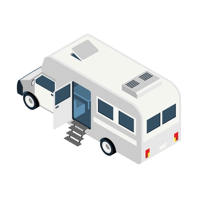 Isometric trip composition with isolated image of camper van on blank background vector illustration