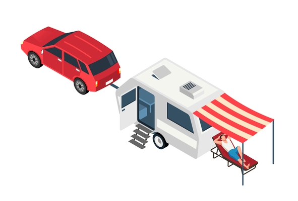 Isometric trip composition with images of camper van tied to car vector illustration