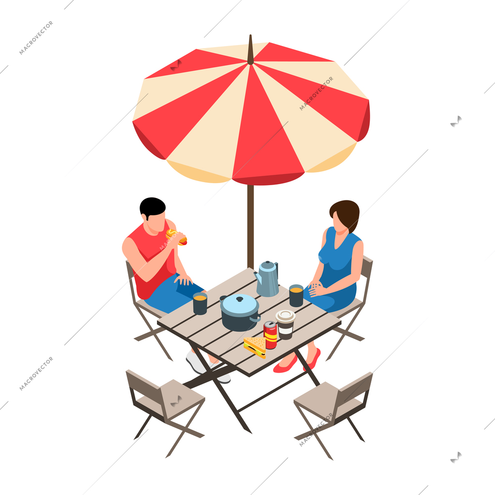 Isometric family trip composition with couple sitting at table with food under umbrella vector illustration