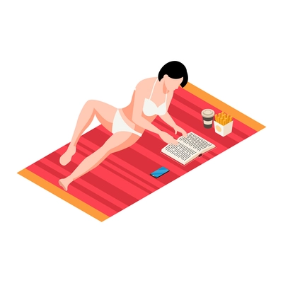 Isometric trip composition with female character lying in the sun reading book vector illustration