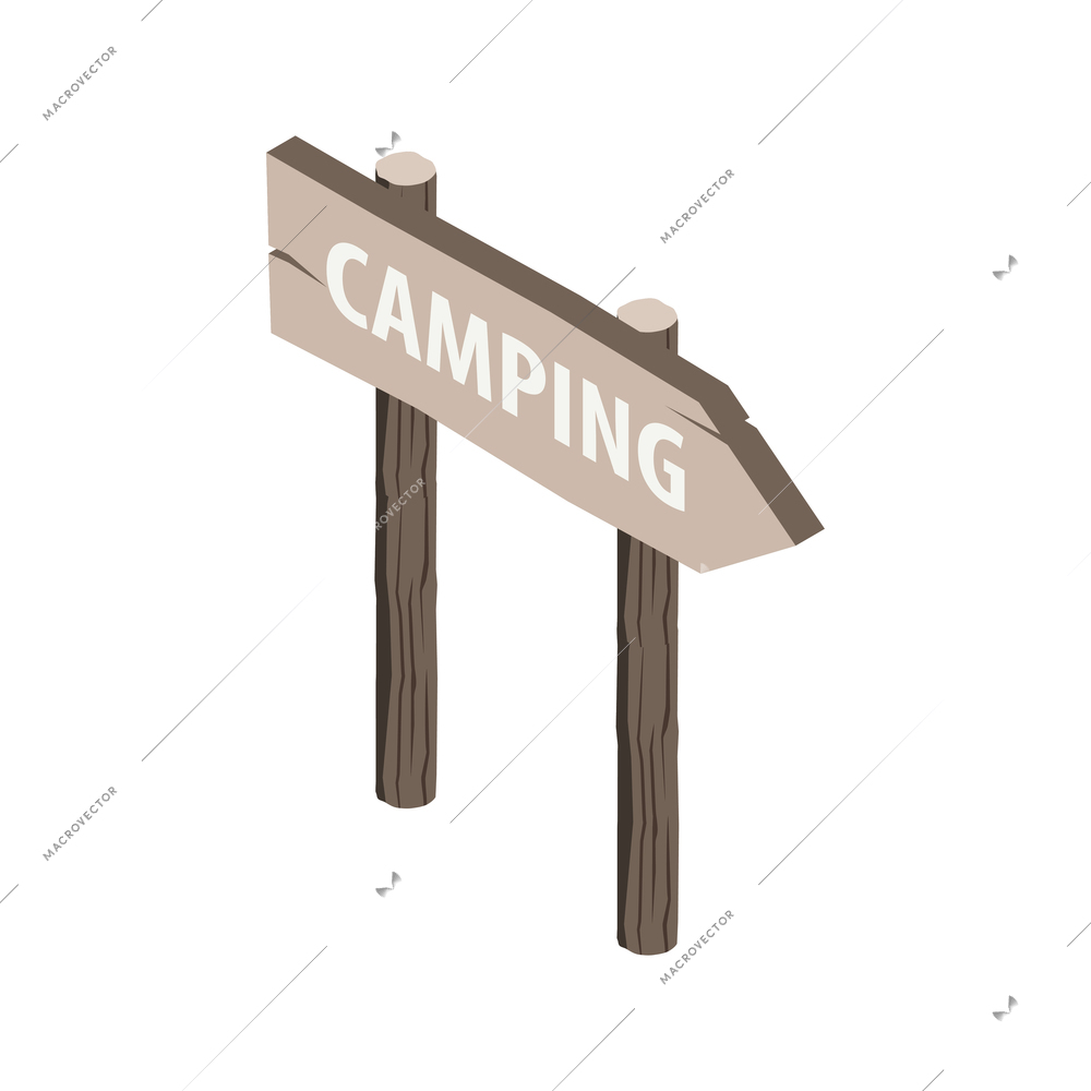 Isometric trip composition with wooden sign board with camping text and direction vector illustration