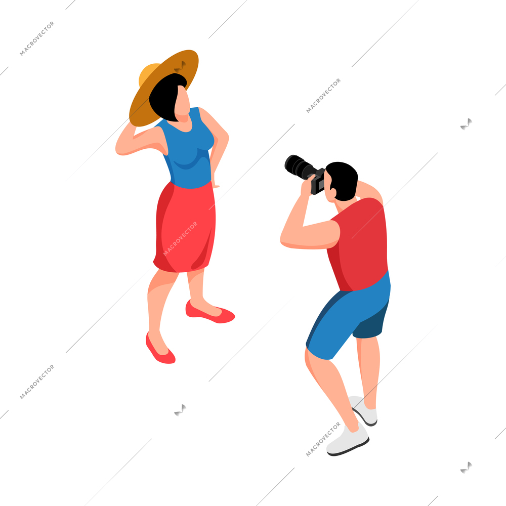 Isometric trip composition of man with camera taking photo of woman vector illustration