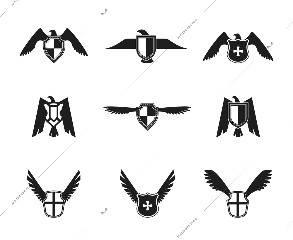 Eagle wings spread lift up and open symbolic protective imperial shield pictograms collection black isolated vector illustration.