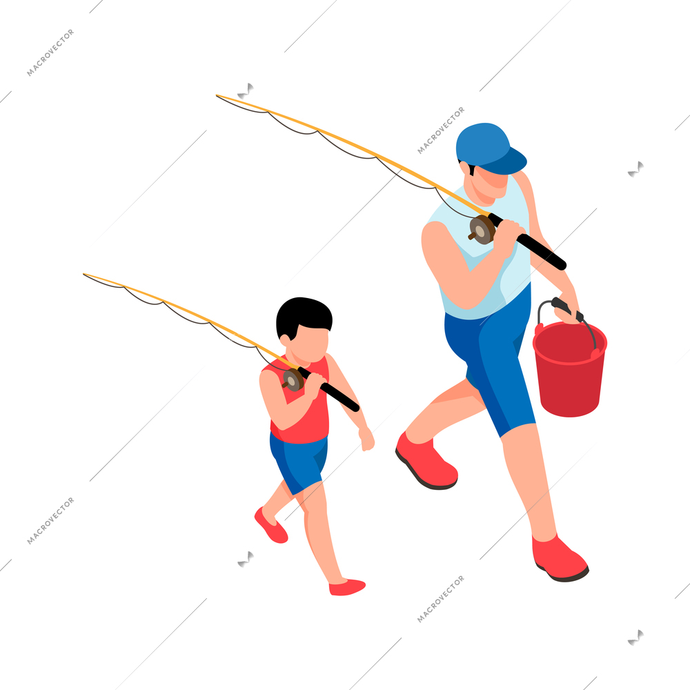 Isometric family trip composition with characters of father and son with fishing tackles vector illustration