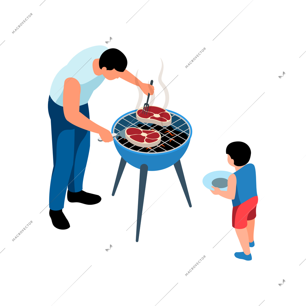 Isometric family trip composition with father roasting meat on bbq with child vector illustration
